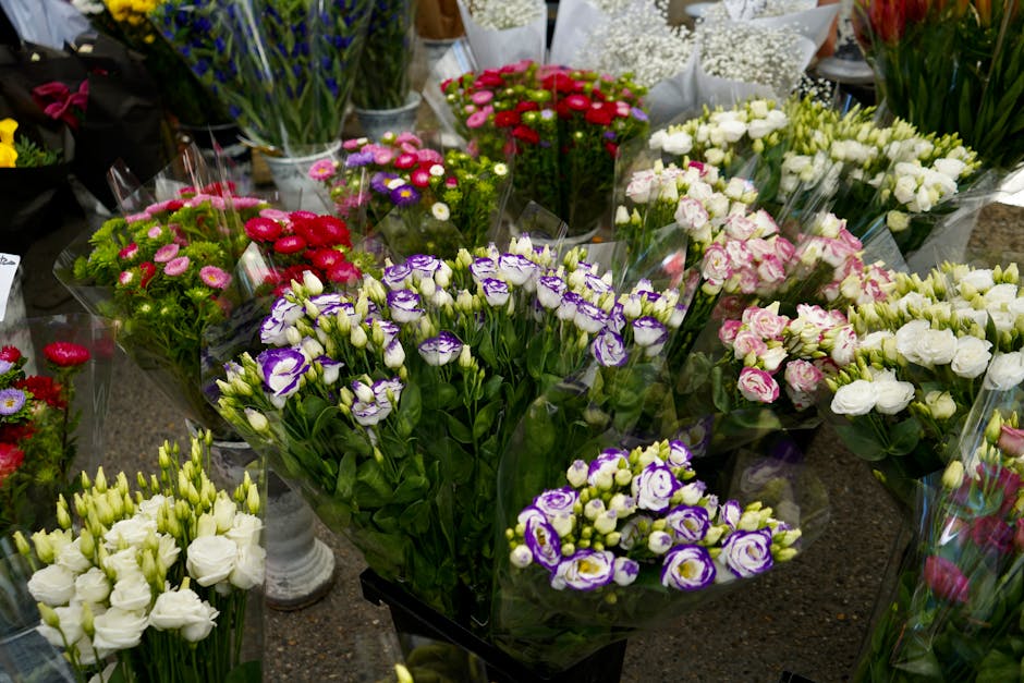 A diverse selection of freshly cut flowers arranged in bouquets at a floral shop, featuring colours such as purple and white, pink and white, red and pink, all wrapped in clear cellophane. The flowers