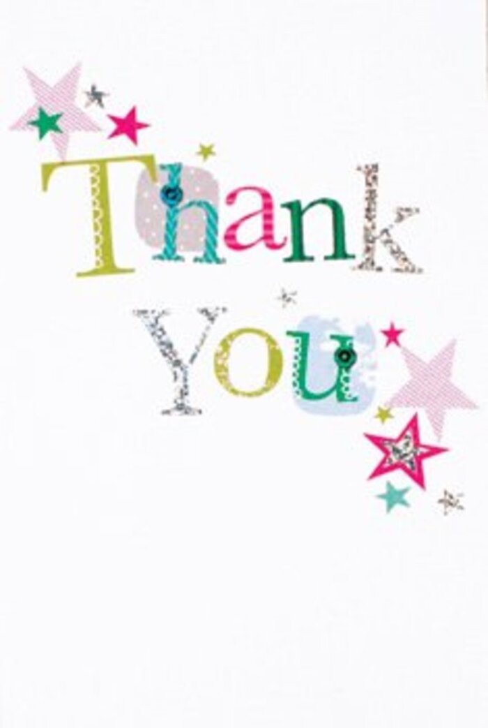 Arranged with quiet elegance and exuberance, this thank you card feels at home in a Kensington florist's hands-each letter a gentle nod to refined local craftsmanship. The typography spells 'Thank You' in a playful yet sophisticated rhythm; some letters are adorned with whimsical spots and gentle stitched curves, while others glide gracefully with elegant, musical lines. Weightless stars, shimmering in deep turquoise, sparkling silver, and blush pink stripes, gather beside the words like well-wishers at a terrace gathering overlooking the museums. The composition breathes with modernity and space, the immaculate white background lending each detail its own moment to shine. There's an unmistakable sense of sophistication without formality, making this card as suited to a thank you from a gallery opening near Harrington Road as to a neighbour's thoughtful gesture. The sensation is warm and universally inviting, much like the bouquets arranged by Flowers South Kensington for special occasions across the community. Paired with fresh local blooms, this card becomes a graceful gesture-uplifting and memorable, heartfelt as a friend's hand-delivered thanks.