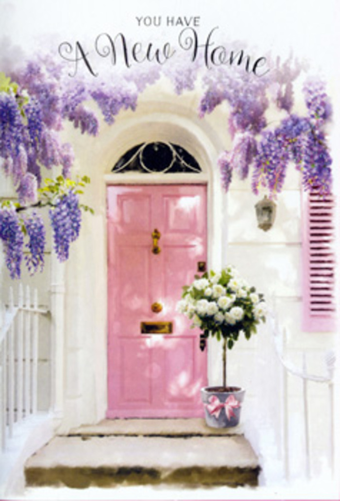 This image captures a serene South Kensington doorway at the very moment it feels ready to greet its first guests, bathed in gentle daylight and framed with generous cascades of wisteria. Overhead, the wisteria's pendant blossoms form loose lavender curtains, each cluster a mix of soft purple and white, drooping in relaxed arcs that almost brush against the pastel pink front door. The door, freshly painted in a delicate blush shade, has a quiet radiance reminiscent of the elegant townhouses around Thurloe Square, its panels outlined by subtle shadows that give depth and structure. Set on the stone step is a chic grey tin bucket, chosen with a florist's eye for understatement, overflowing with creamy, full-petalled roses arranged in a natural, rounded shape. The roses are a blend of milky white and light cream, some still in tight bud, others fully open so that their spiralled hearts are visible, edged by crisp, velvety petals. Threaded through the blooms is an airy mix of soft green foliage, the leaves bringing a touch of garden spontaneity - as if these flowers could have been gathered from a hidden courtyard off Old Brompton Road. Around the bucket, a pale pink ribbon has been tied with care, its satin bow resting against the metal like a final, feminine flourish. Light falls softly from one side, casting delicate shadows from the wisps of foliage and the wisteria tendrils, and there is a sense of stillness, as though time has paused at the threshold. The entire scene feels like a quiet blessing for a new address in South Kensington - hopeful, refined, and deeply welcoming, perfect for a new home bouquet or card that wants to say: may this place be filled with love, laughter, and lasting memories.