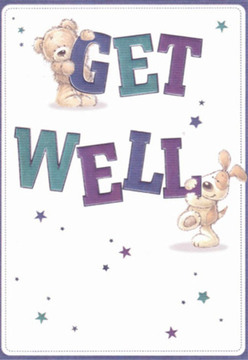 Evoking the friendly streets and elegant charm of South Kensington, this expressive get well card features two endearing companions-a smiling teddy bear and an exuberant puppy-working together to share wishes for recovery. Their playful connection, full of movement and affection, reflects the cheerful sense of community found between the museums and mews of the neighbourhood. Shaded in vibrant purples and refreshing teals, the large 'GET WELL' letters leap confidently from a pristine white background, instantly capturing attention and hope. Scattered around the joyful duo, hand-painted stars dance in soft indigos and blues, casting a magical light that recalls twilight over local gardens. The bear's plush fur and the pup's velvety ears add a tactile impression, their texture almost as comforting as a freshly crafted bouquet from a South Kensington florist. The design radiates warmth, sincerity, and a childlike positivity-making it the perfect visual salve for anyone in need of a smile. Every brushstroke and colour choice communicates the same gentle care that goes into arranging sympathy flowers for neighbours from Queen's Gate to Old Brompton Road, ensuring the card delivers comfort and heartfelt support.